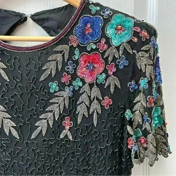 SCALA Sequin Beaded Cocktail Evening Dress Black Multi Colour Open Back Medium - Picture 6 of 15